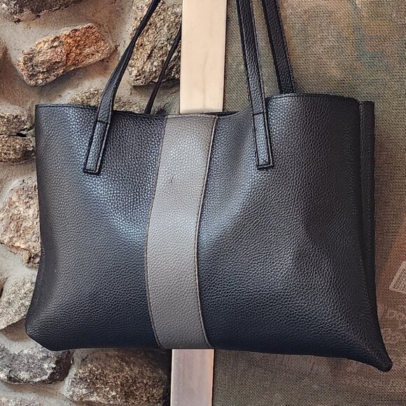 Vince Camuto Black/Gray Pebbled Leather Tote Bag - Picture 9 of 15